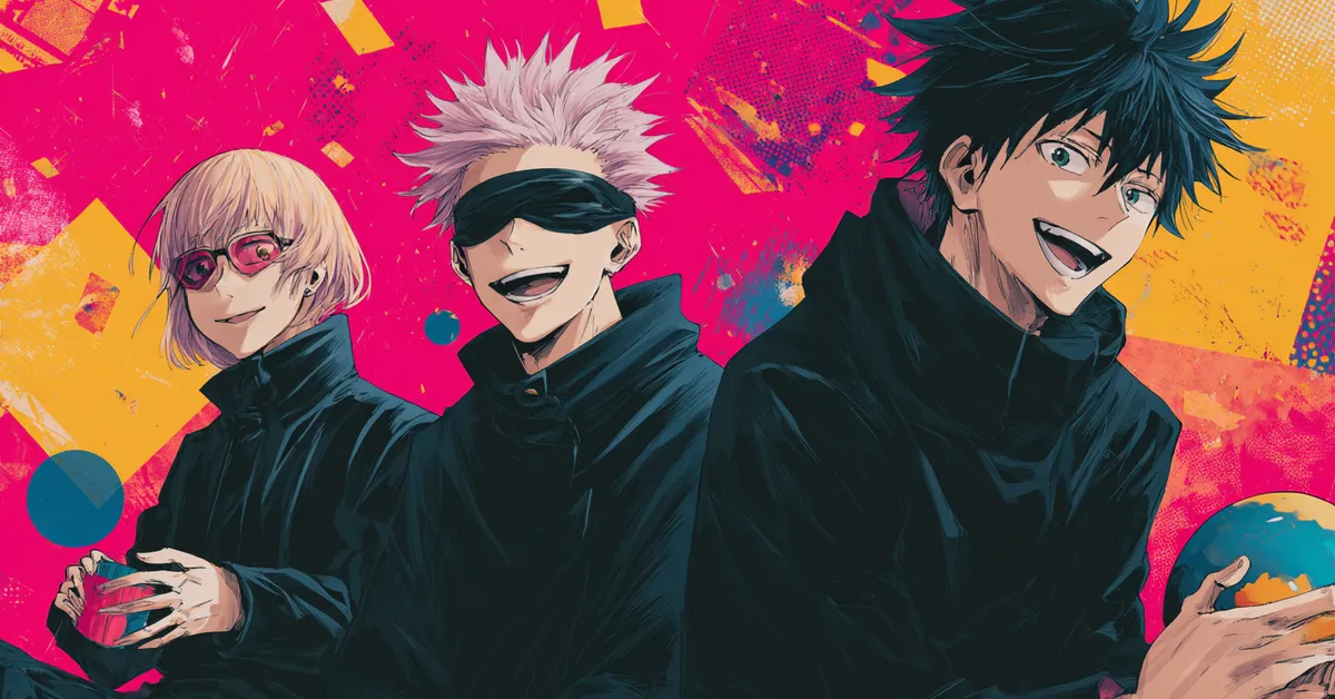 anime trivia style illustration of jujutsu kaisen characters with playful energy