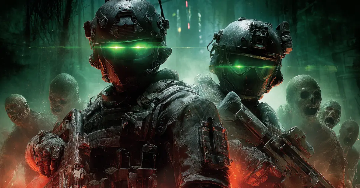 Futuristic Black Ops 2 Call of Duty soldiers fighting zombies.