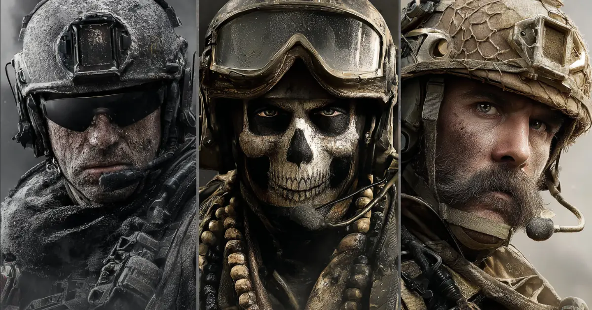 Lineup of iconic Call of Duty characters in cinematic portraits.