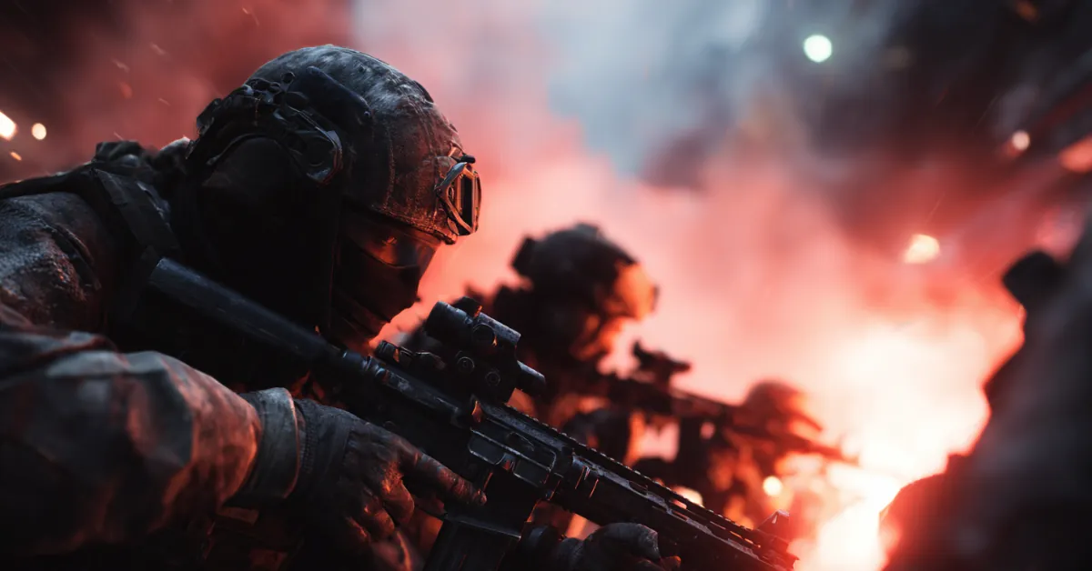 Soldiers in a realistic Call of Duty battlefield combat scene.