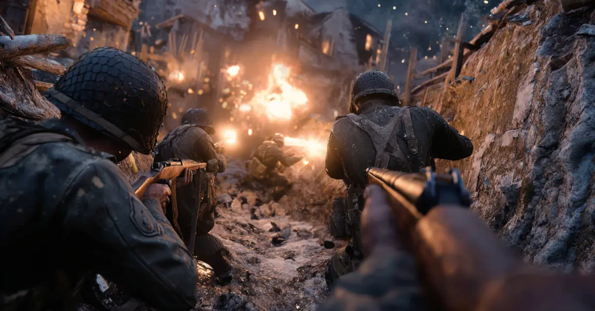 Call of Duty WWII soldiers in intense trench combat scene.