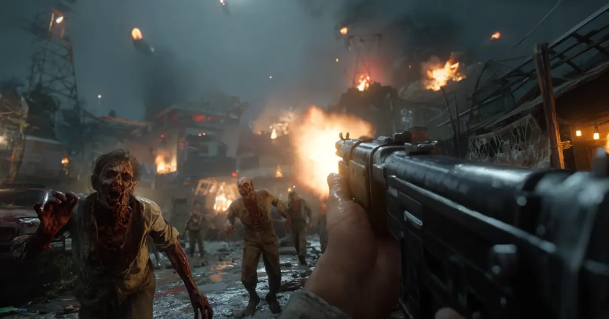 Call of Duty zombies attacking in a dark, apocalyptic warzone.