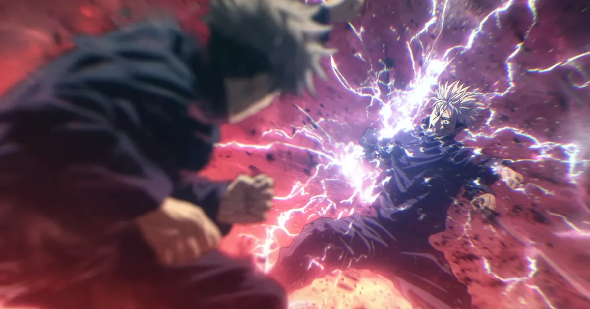 dynamic jujutsu kaisen fight scene with intense energy and powerful battle effects