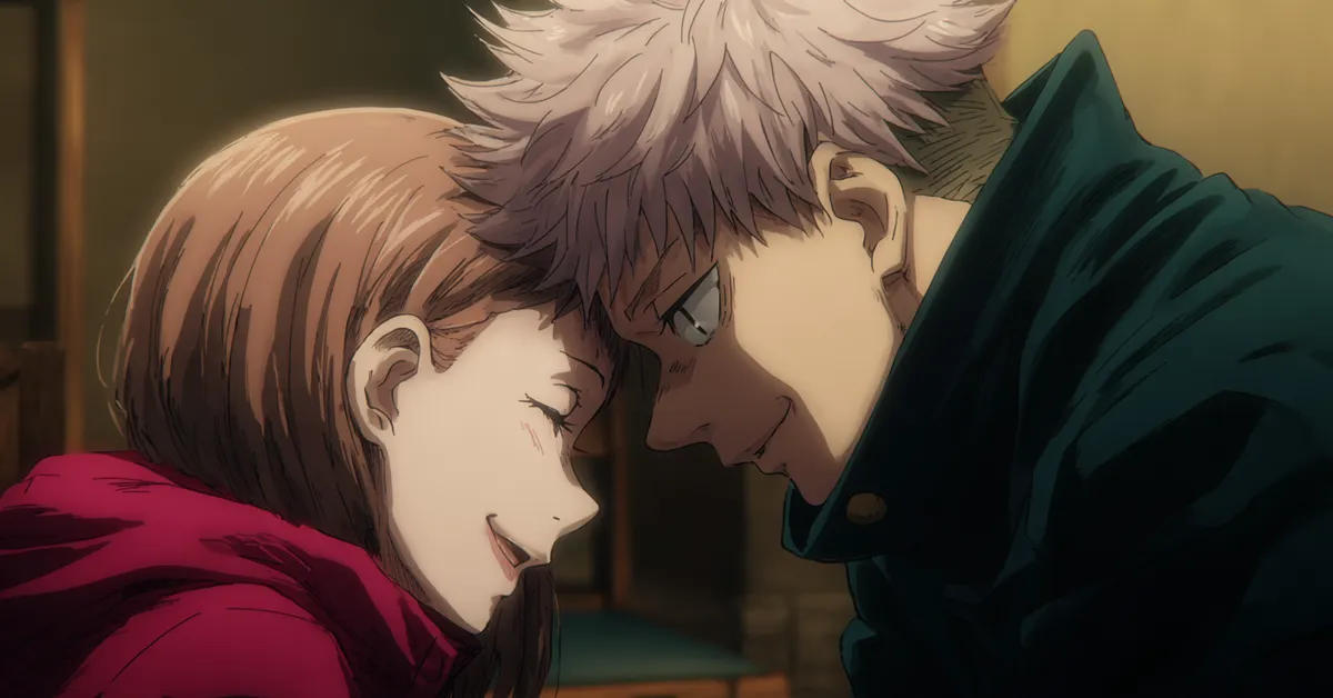 a jujutsu kaisen couple scene showing a close bond between characters in a soft anime setting