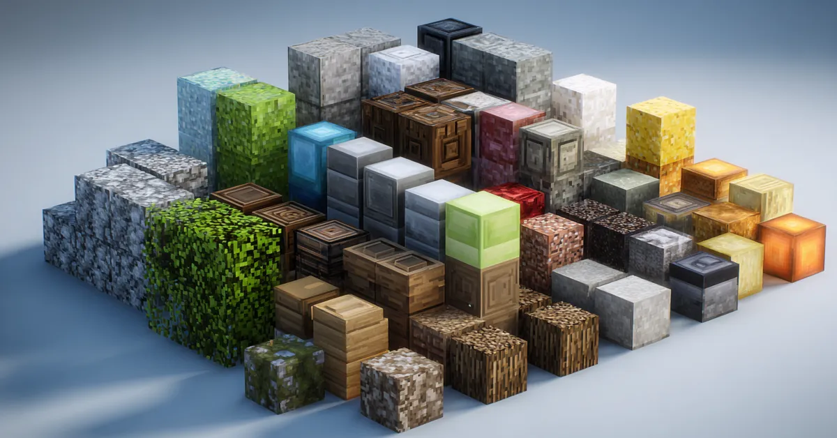 various minecraft blocks stacked and spread out for selection