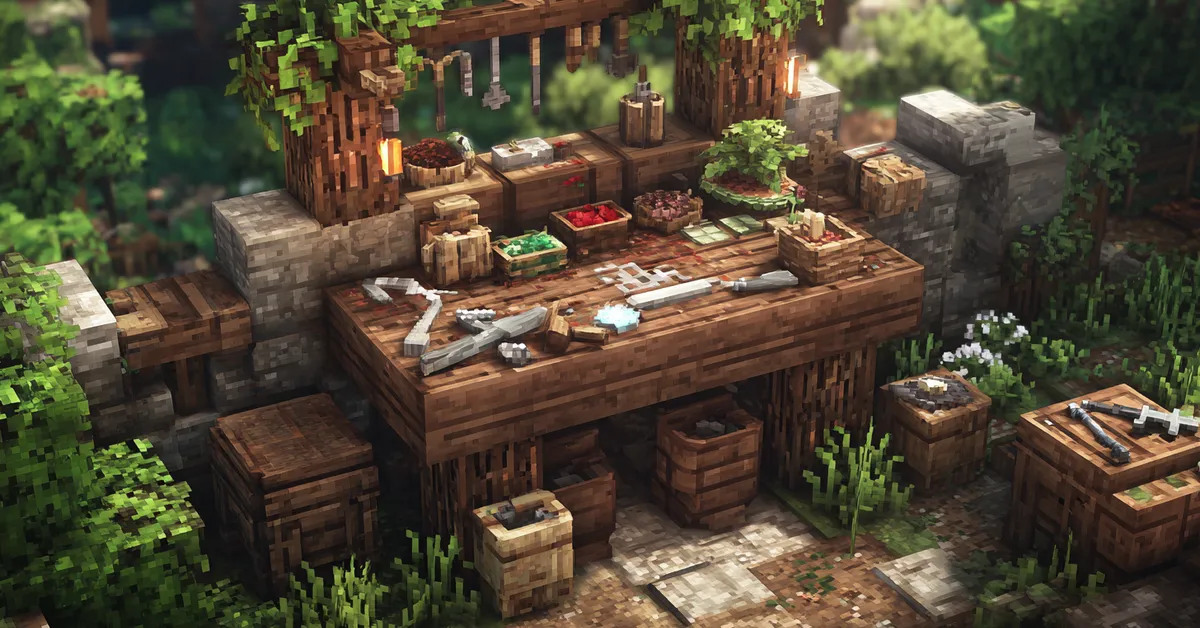 minecraft crafting table surrounded by wood stone and iron tools