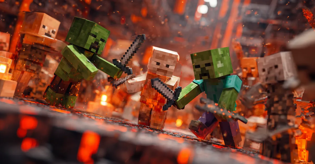 intense minecraft fight in hard mode with hostile mobs attacking