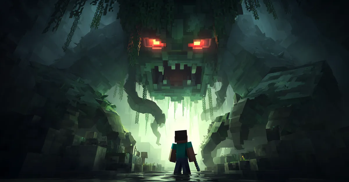 minecraft player facing a hostile monster in a dark cave