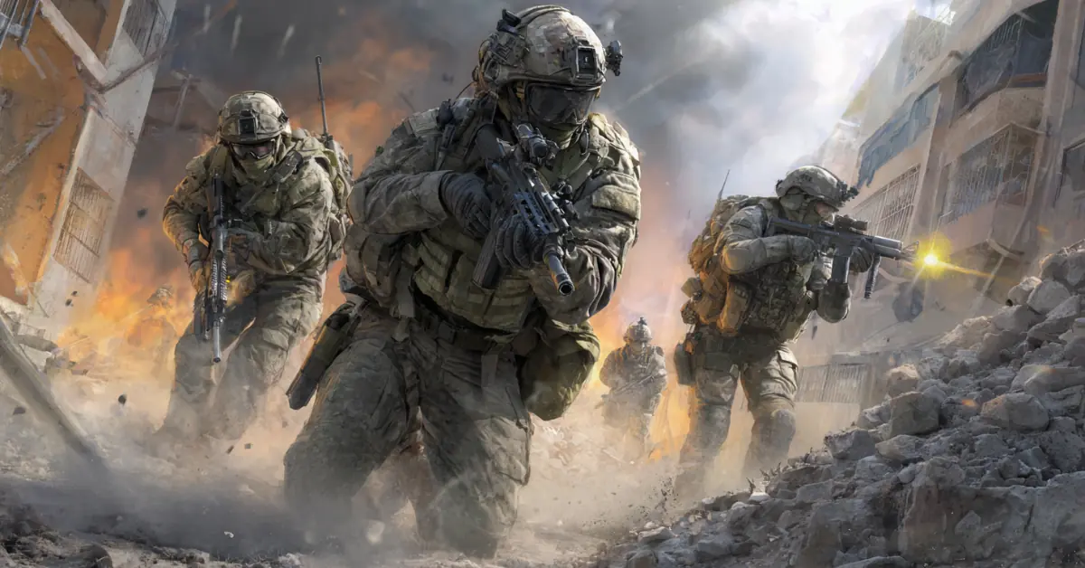 Call of Duty 4 soldiers in a modern urban combat mission.
