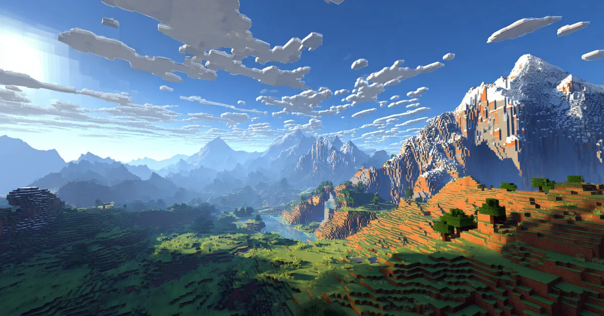 player overlooking a wide minecraft world filled with blocks and mountains