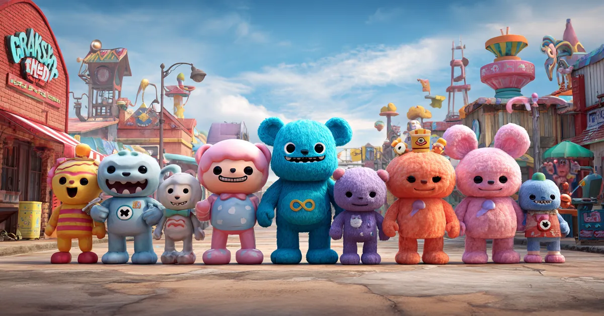 cartoon lineup of poppy playtime characters with colorful toy factory background