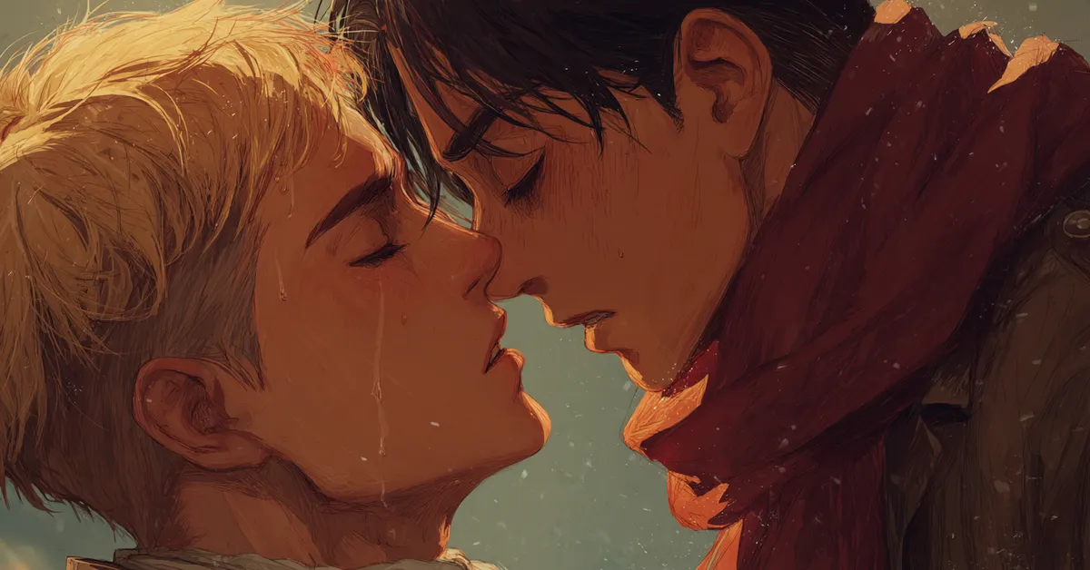 art of male characters from attack on titan with romantic tone