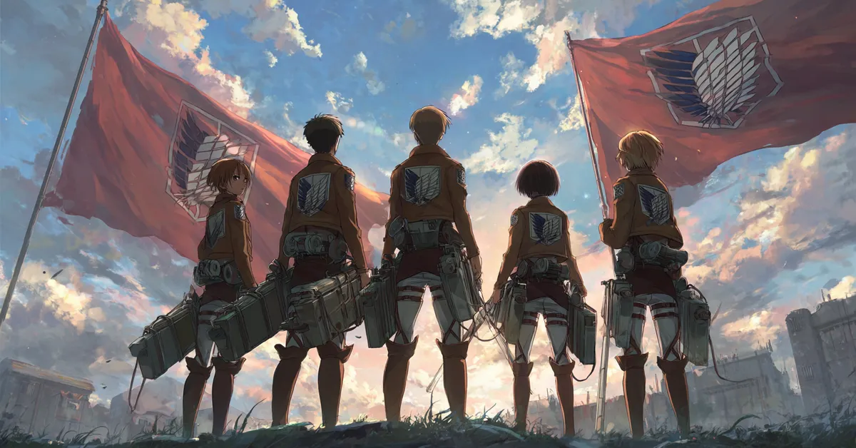 attack on titan corps soldiers standing with their insignia banners