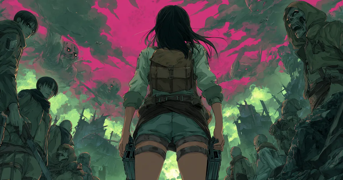 illustration of a girl in attack on titan style surrounded by titans and soldiers
