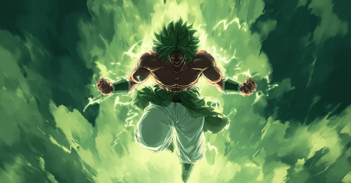 character pose of broly powering up with green aura (dragon ball)