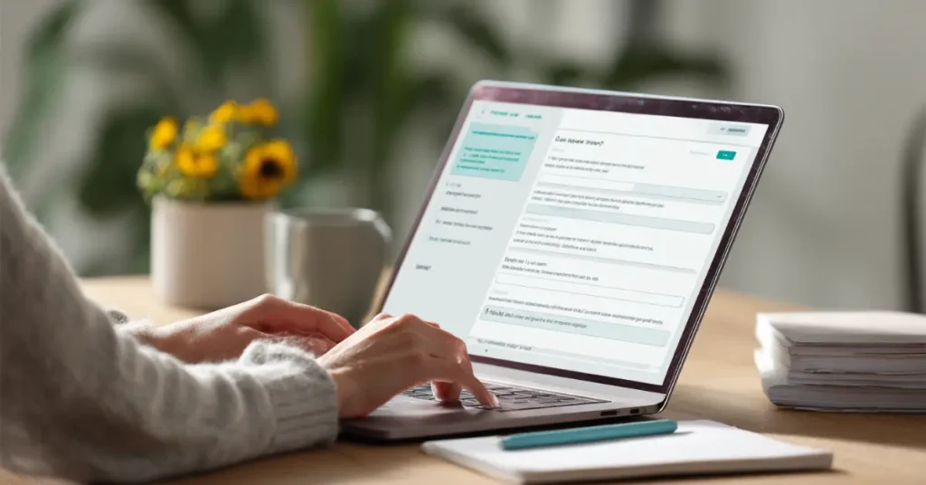 a person designing an interactive online quiz on a laptop with question templates and multiple choice options visible
