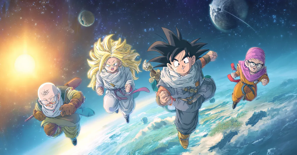 banner featuring dragon ball gt characters traveling through space