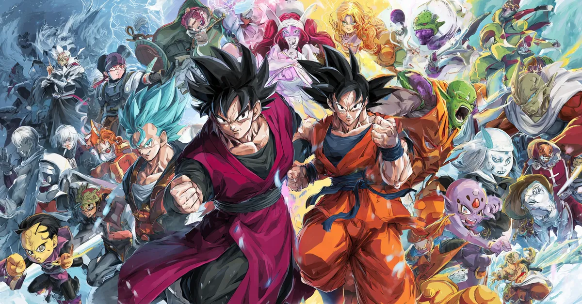 artwork featuring dragon ball super heroes and villains in dynamic poses