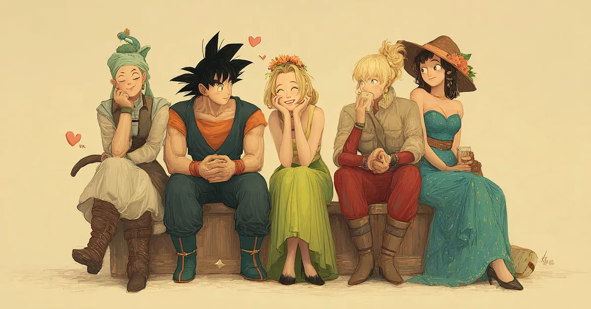 scene depicting dragon ball z couples with playful expressions