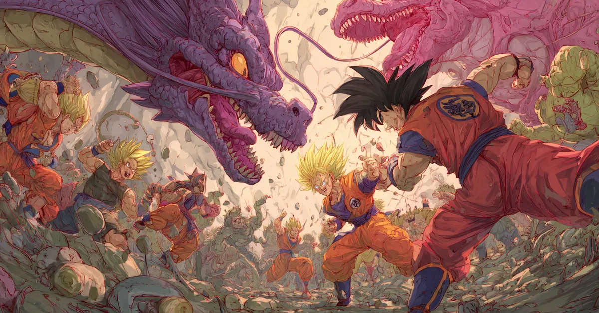 battle scene featuring dragon ball z warriors mid-fight (dragon ball)