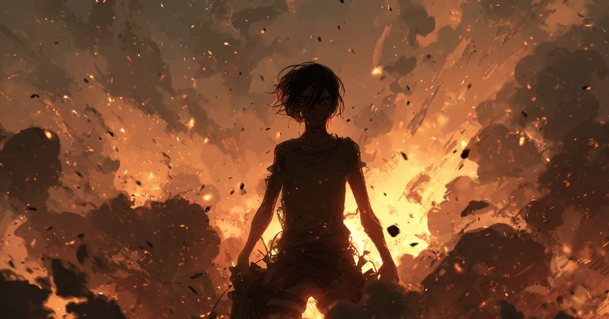 eren yeager mid transformation surrounded by debris and smoke for eren yeager quiz