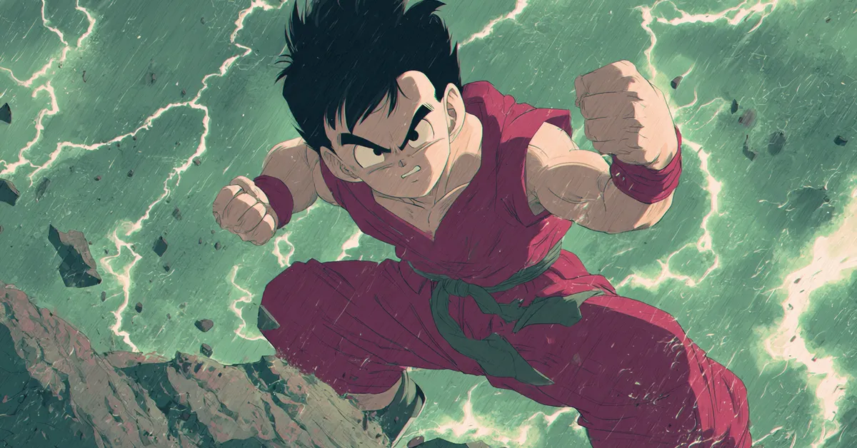 portrait of gohan striking a heroic pose (dragon ball)