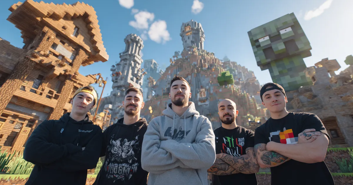 Famous Minecraft YouTubers posing with signature builds in the background