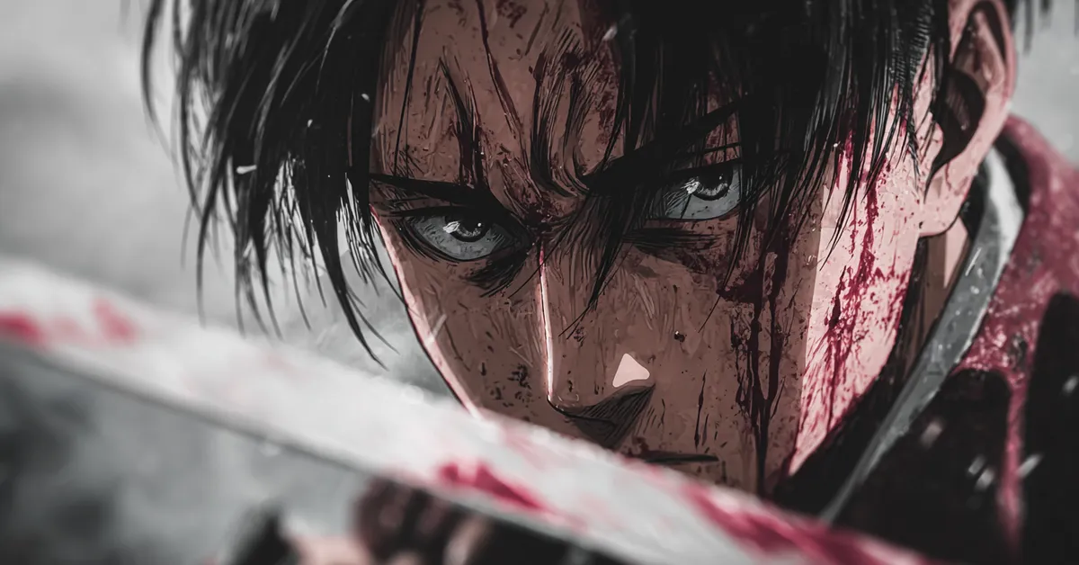 close up of levi ackerman with blades ready in a dim battlefield Attack on Tian scene