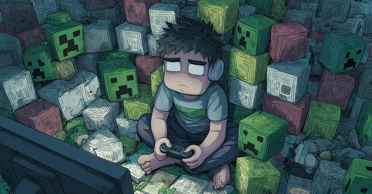 A tired gamer surrounded by blocks showing Minecraft addiction humor