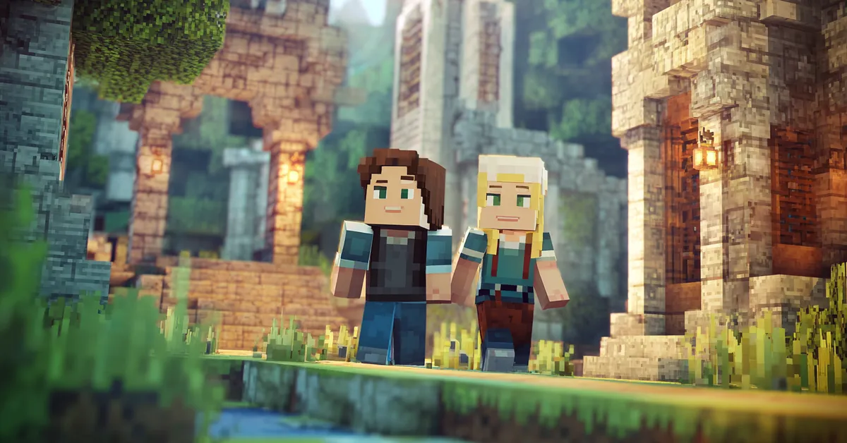 Jesse and Petra exploring ruins in Minecraft Story Mode Season 1