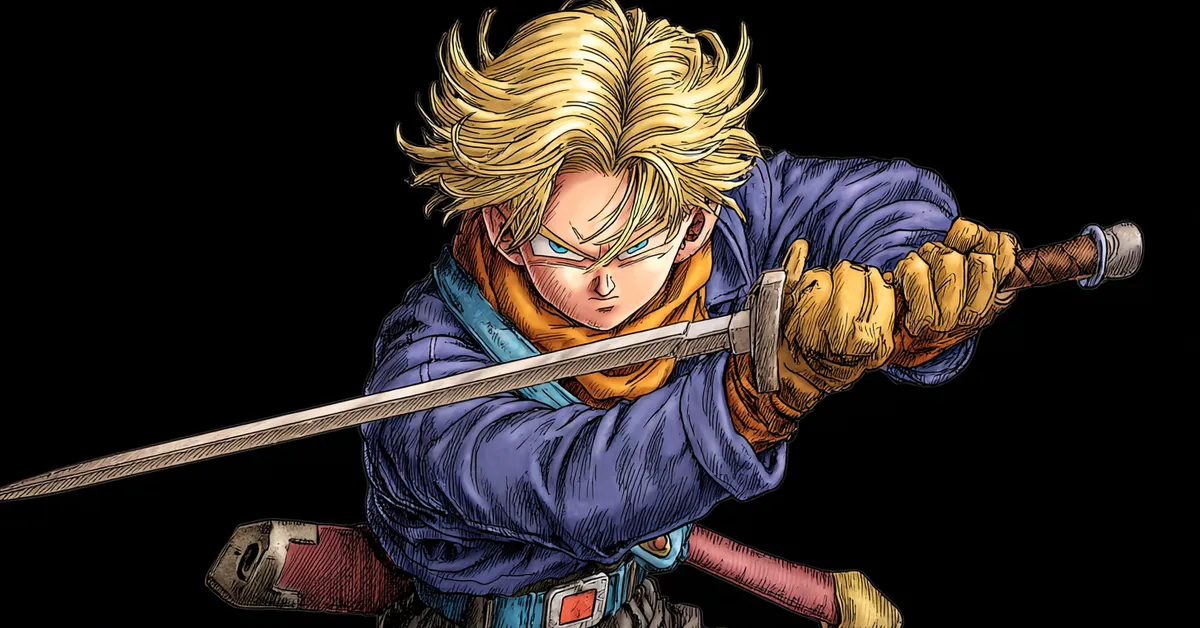 sword-wielding trunks in battle-ready stance (dragon ball)