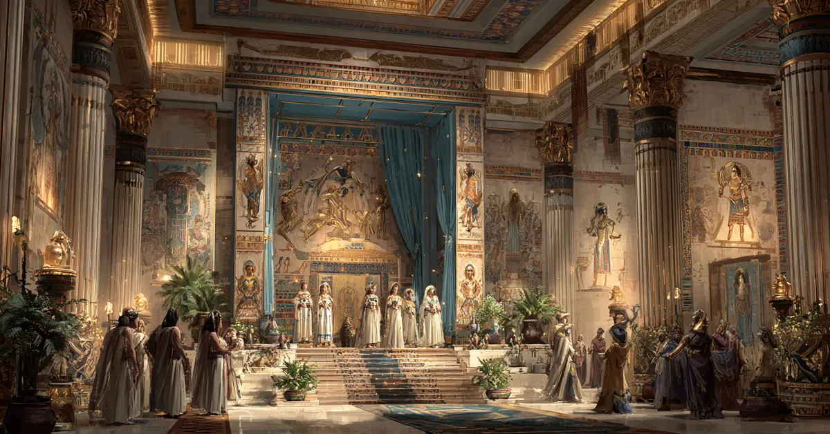 egyptian throne room with cleopatra and her attendants greeting visitors for act 1 scene 1