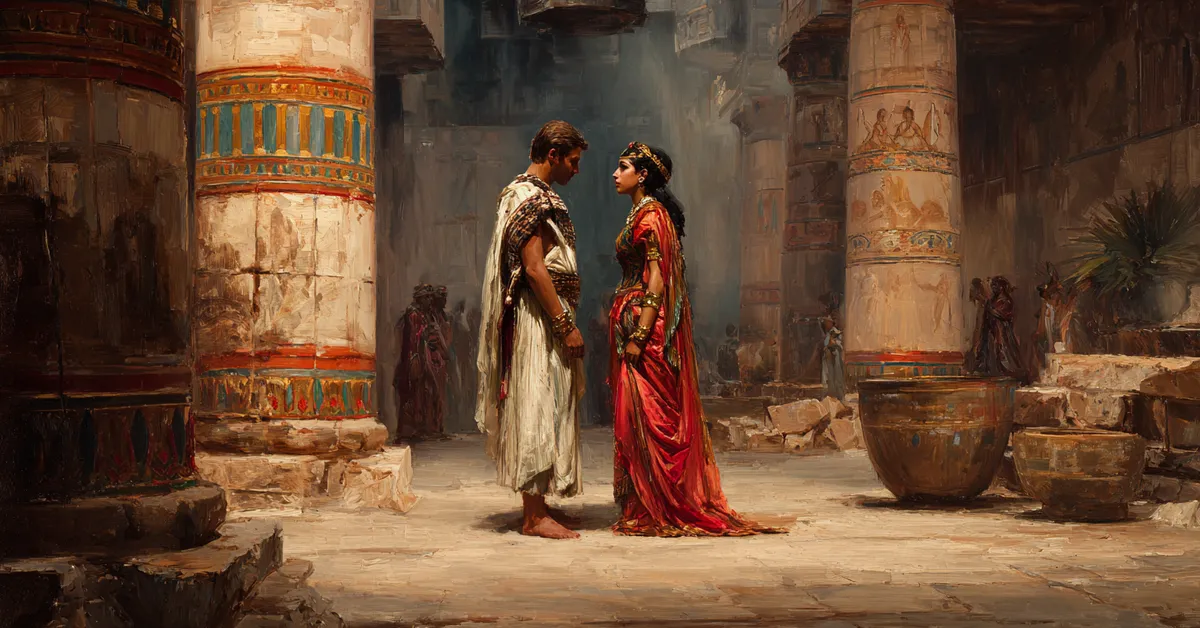 antony and cleopatra standing in heated discussion beside a decorated column for act 1 scene 3