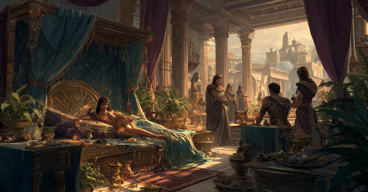 cleopatra reclining on a couch with servants bringing items from the palace for act 1 scene 5