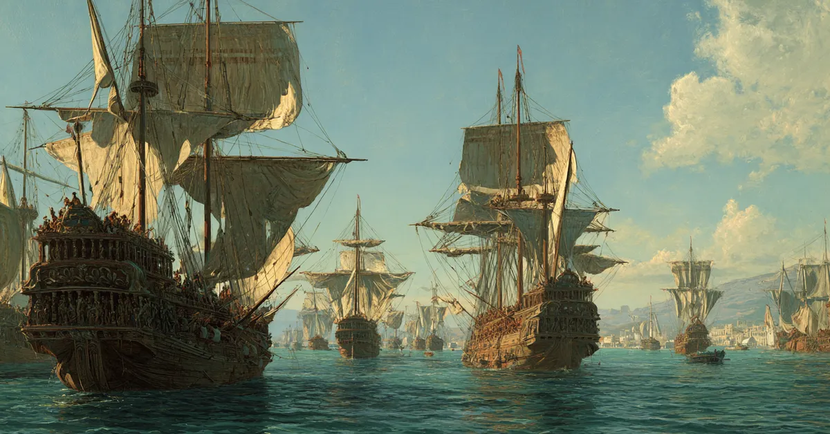 roman ships positioned near pompey�s fleet on open water for act 2 scene 1