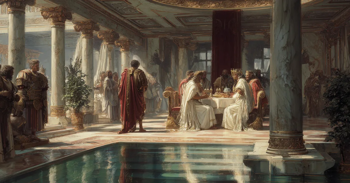 large meeting chamber with political leaders debating alliances for act 2 scene 2