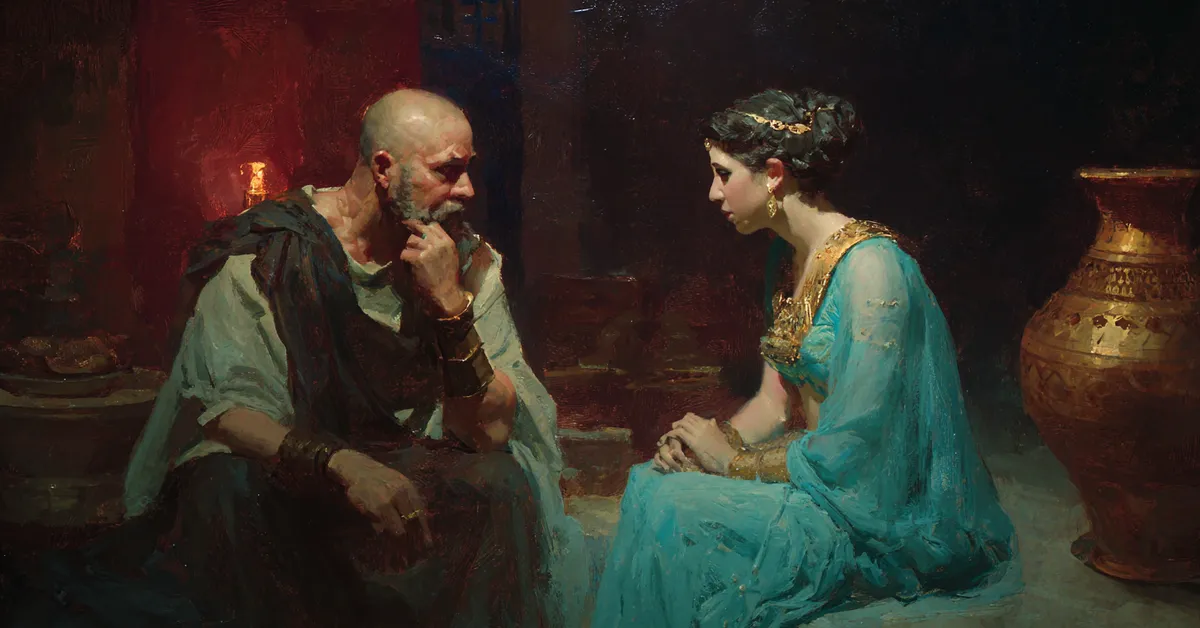 soothsayer speaking quietly to antony in a dimly lit chamber for act 2 scene 3