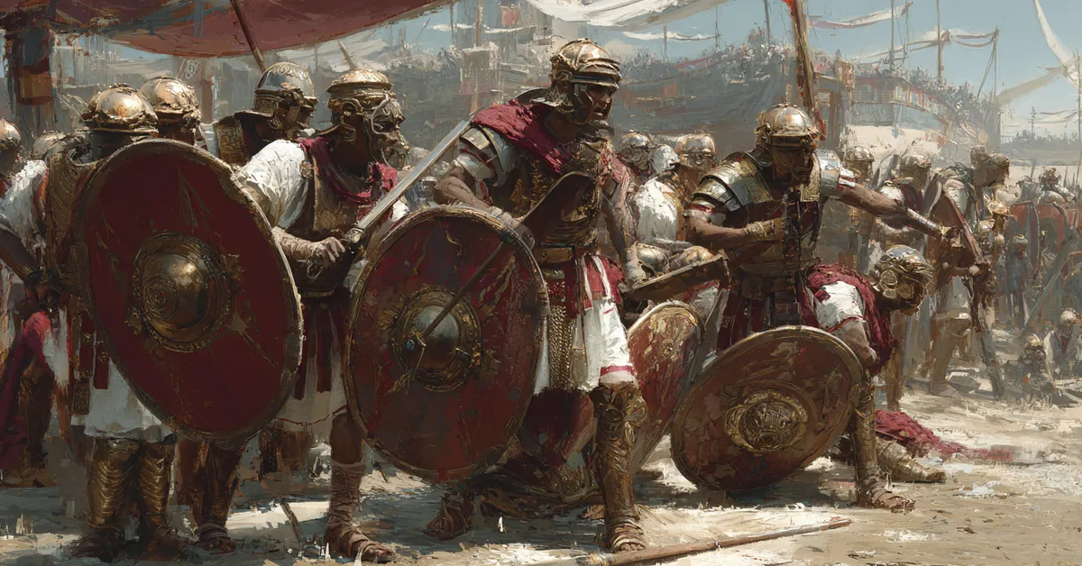 roman soldiers adjusting shields while preparing to move out for act 2 scene 4
