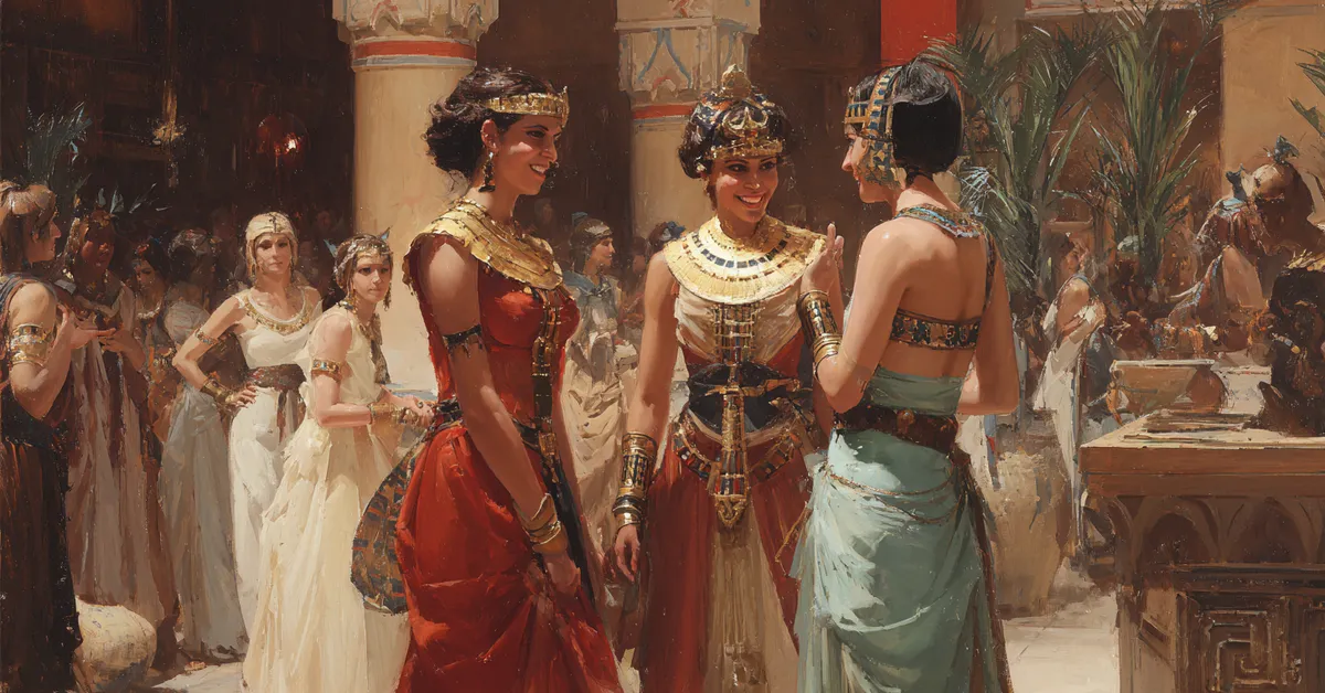 cleopatra laughing with attendants during a playful moment in the palace for act 2 scene 5