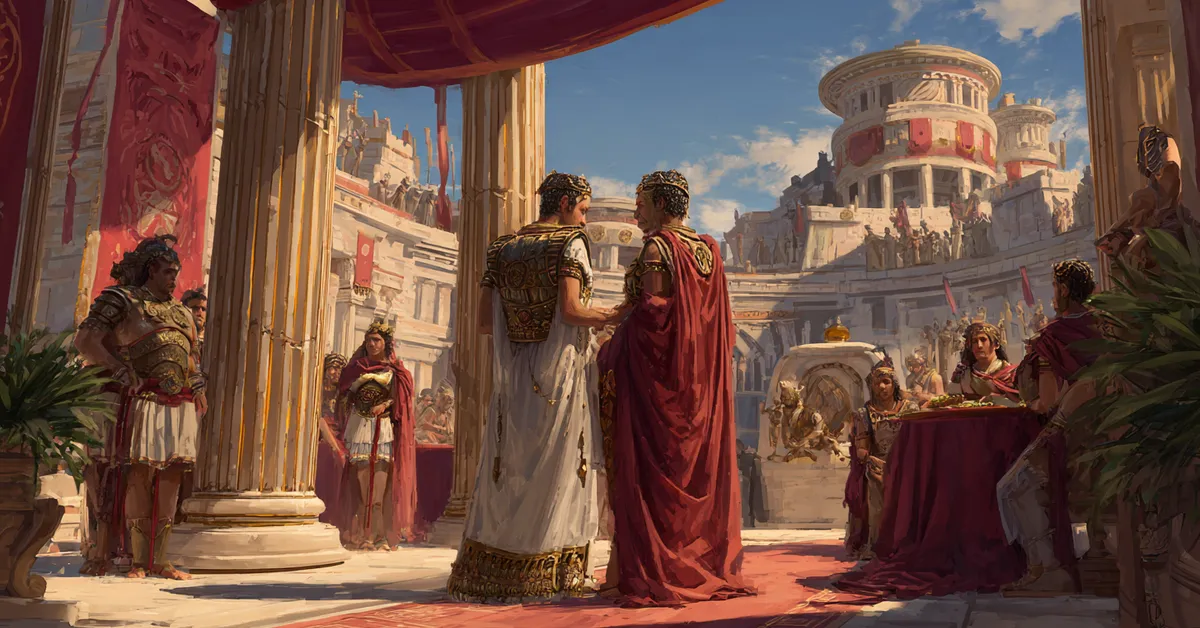 leaders from rome and egypt meeting at a neutral location to discuss terms for act 2 scene 6