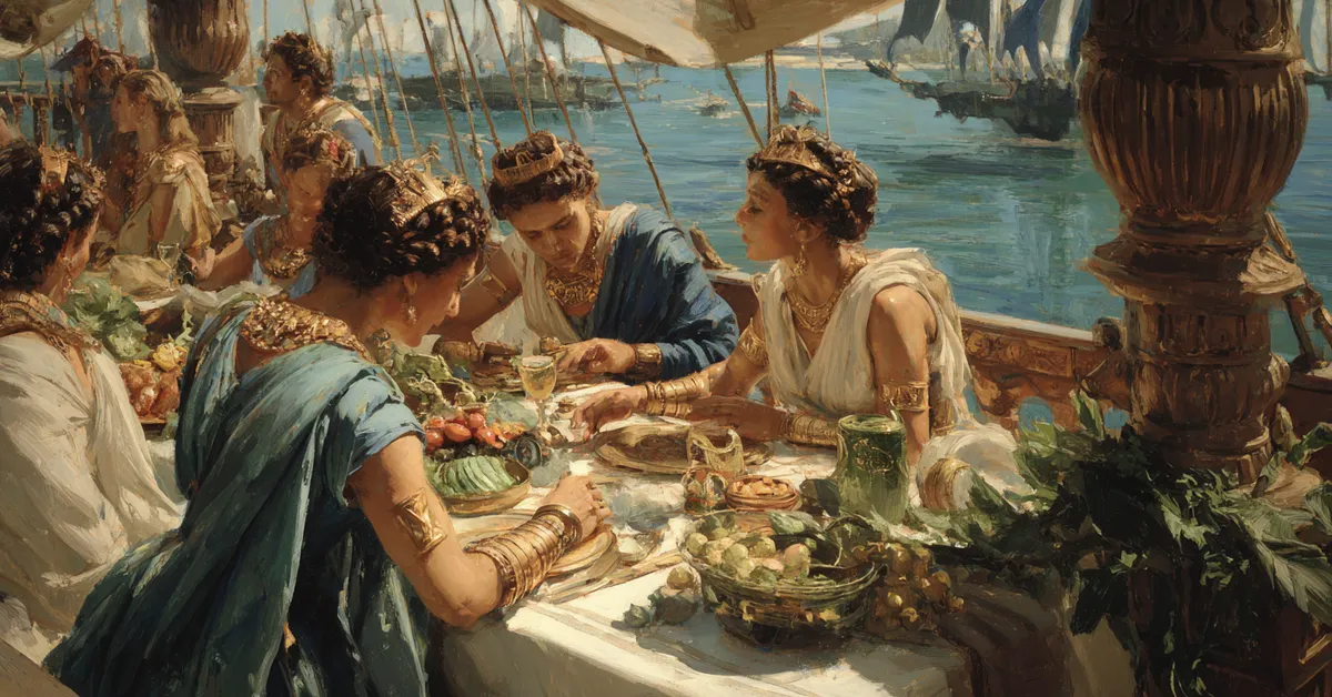 banquet table set on deck of a ship with guests enjoying food and drink for act 2 scene 7