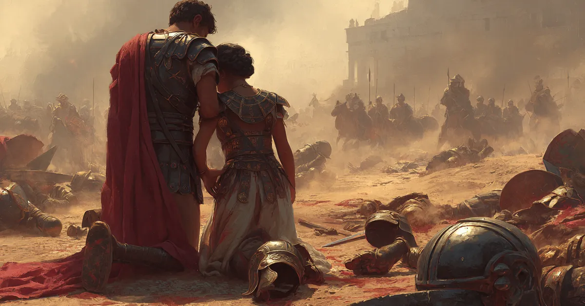 dusty battlefield with scattered armor pieces after a clash for act 3 scene 1