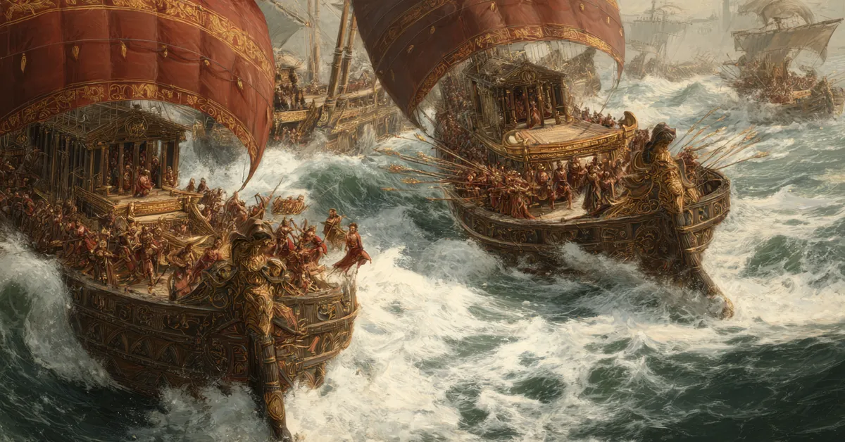 naval battle with roman galleys colliding on rough water for act 3 scene 10