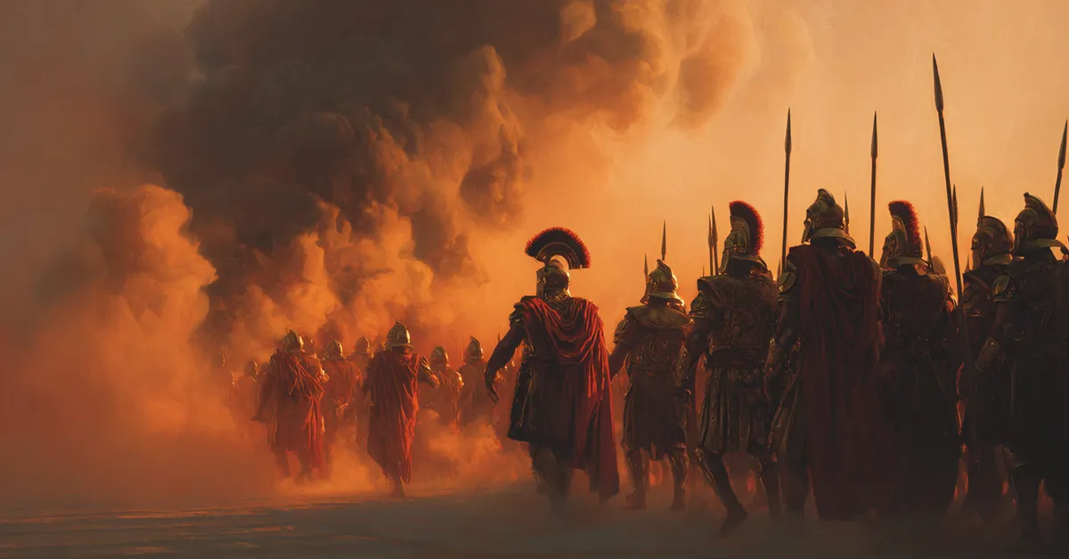 antony withdrawing with loyal soldiers while smoke rises behind him for act 3 scene 11