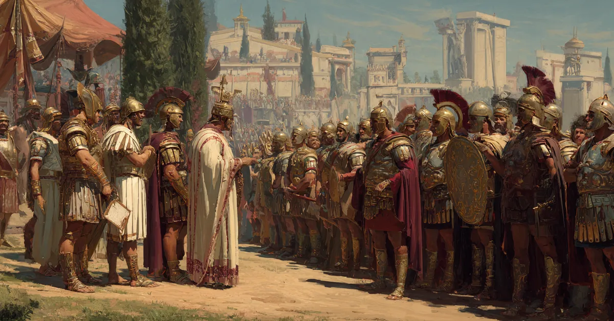 roman officers issuing orders to troops lined up outdoors for act 3 scene 8