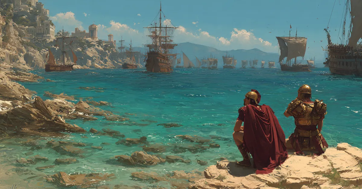 naval scouts observing enemy ships from a rocky shore for act 3 scene 9