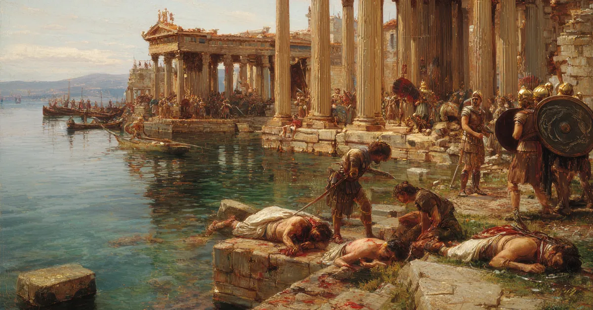 antony retreating along a shoreline with soldiers helping the wounded for act 4 scene 10