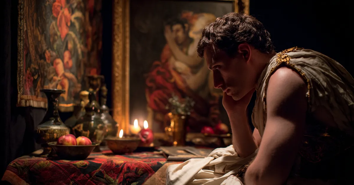 antony preparing himself emotionally with a darkened room behind him for act 4 scene 14