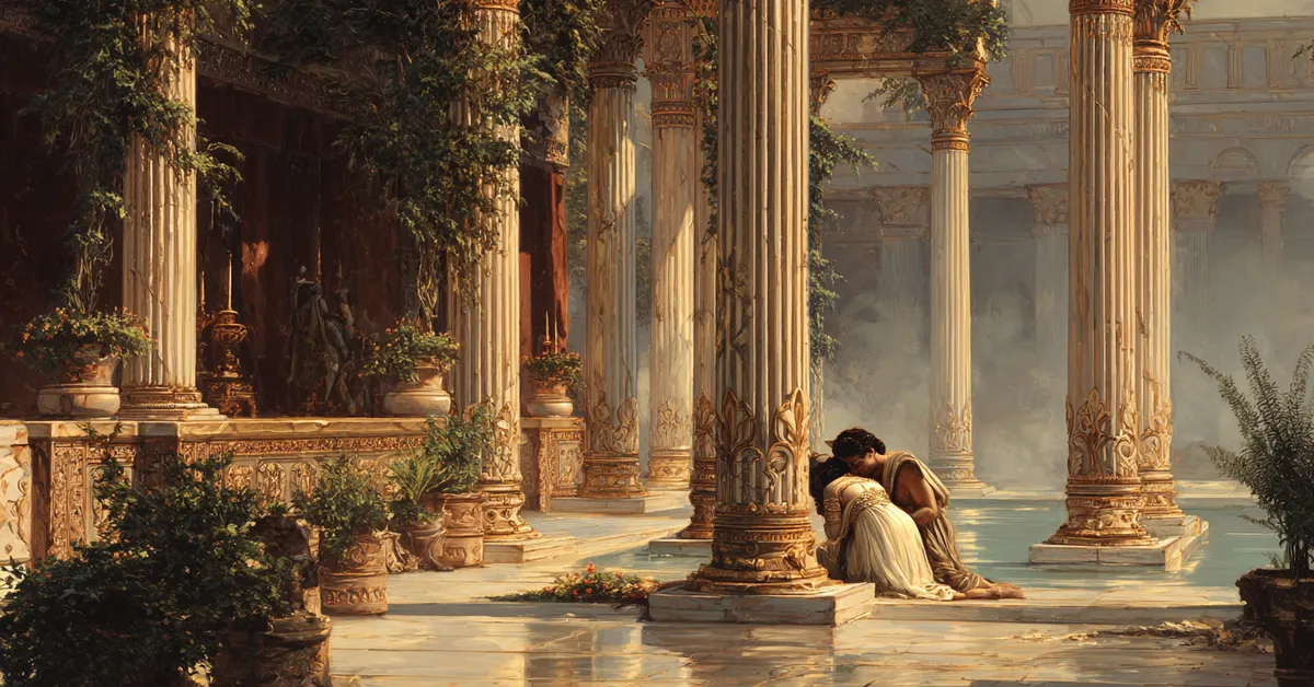 cleopatra cradling the wounded antony beside ornate palace pillars for act 4 scene 15