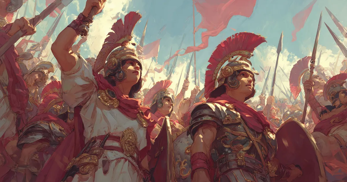 soldiers celebrating a short-lived victory with raised weapons for act 4 scene 8